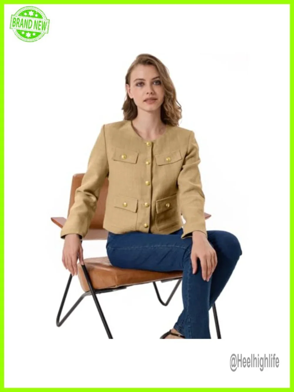 Cropped Tweed Blazer Round Neck Gold Buttons Office Work Wear Spring Summer